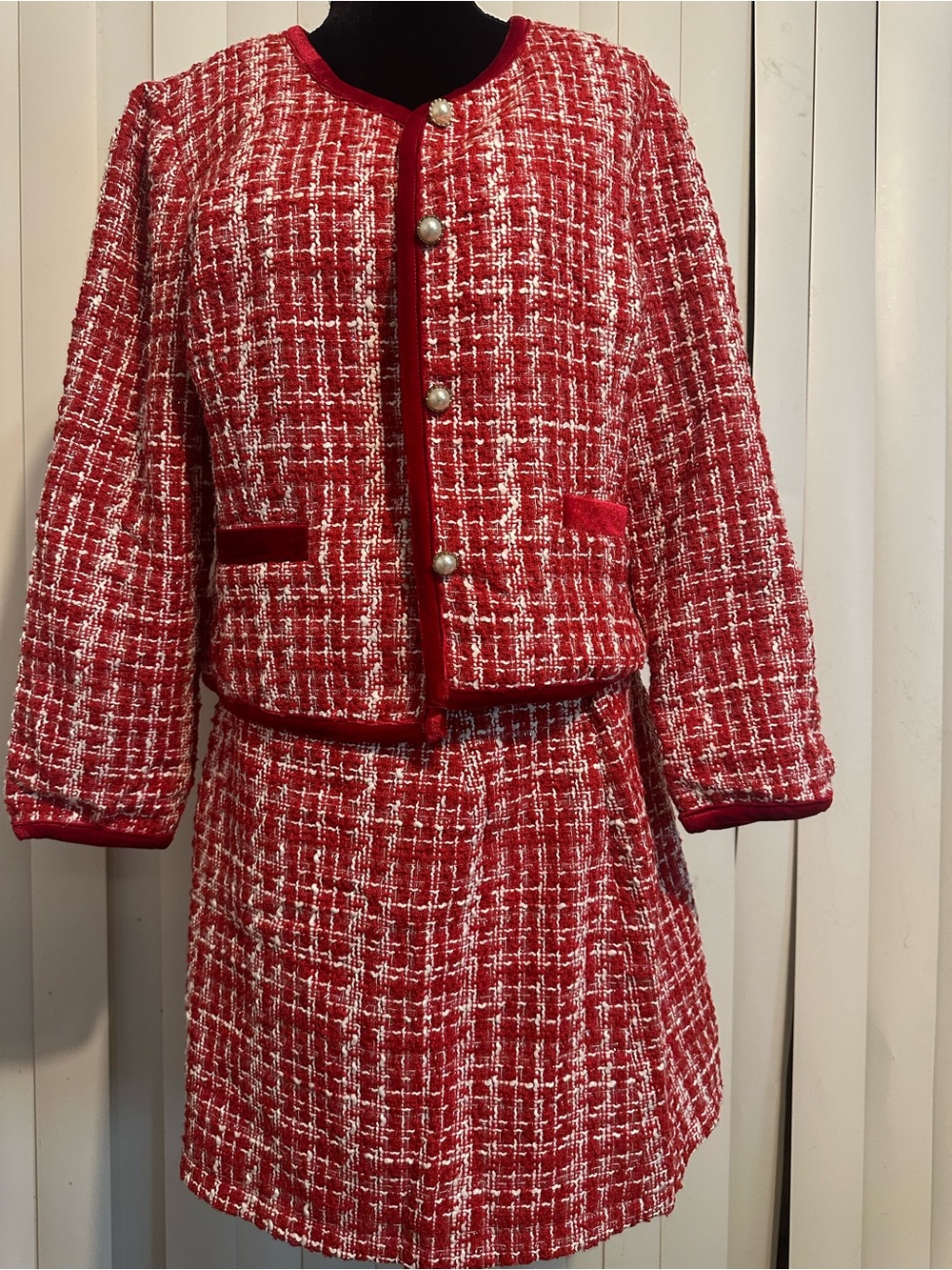 Allegra K Red and White Tweed Cropped Pearl-Button Jacket